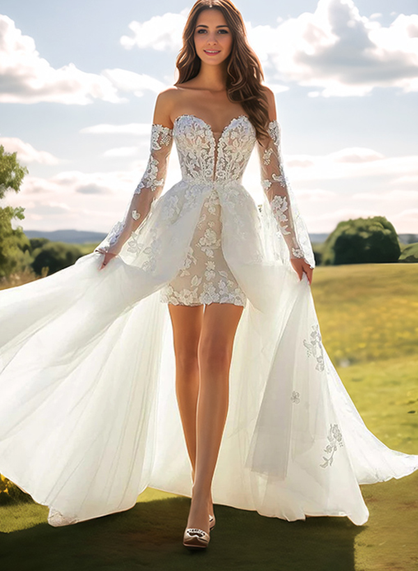 A-Line Sweetheart Long Sleeves Lace Wedding Dresses With Detachable Train