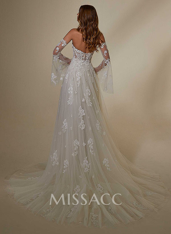 A-Line Sweetheart Long Sleeves Lace Wedding Dresses With Detachable Train A-Line Sweetheart Long Sleeves Lace Wedding Dresses With Detachable Train
