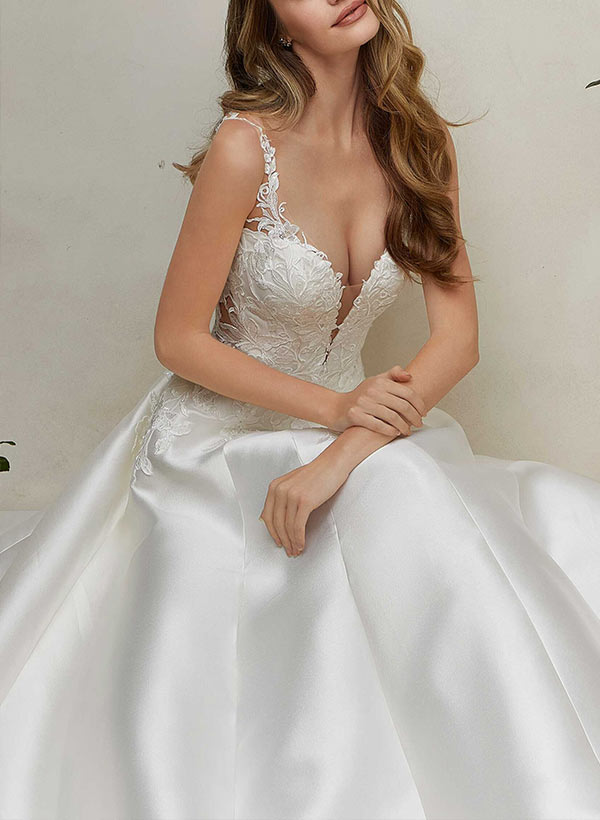 Ball-Gown Sweetheart Sleeveless Sweep Train Satin Wedding Dresses With Appliques Lace