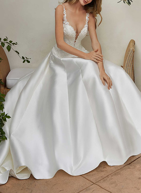 Ball-Gown Sweetheart Sleeveless Sweep Train Satin Wedding Dresses With Appliques Lace