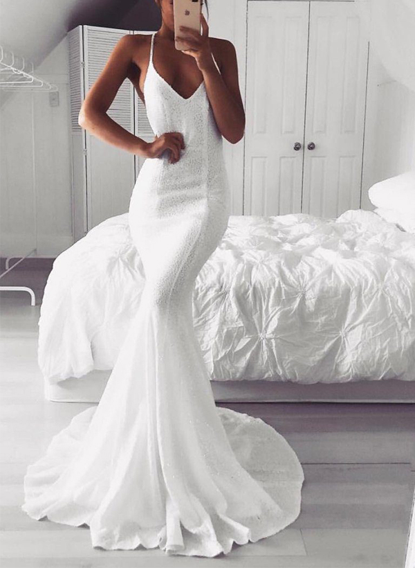 Sexy Sequined Mermaid V-Neck Sleeveless Wedding Dresses With Open Back