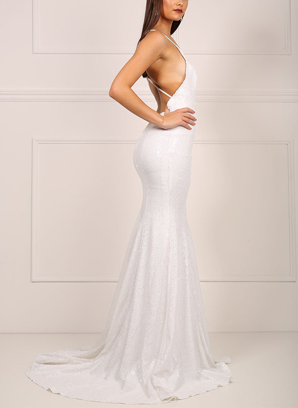 Sexy Sequined Mermaid V-Neck Sleeveless Wedding Dresses With Open Back