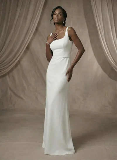 Simple Sheath/Column Square Neckline Elastic Satin Wedding Dresses With Floor-Length