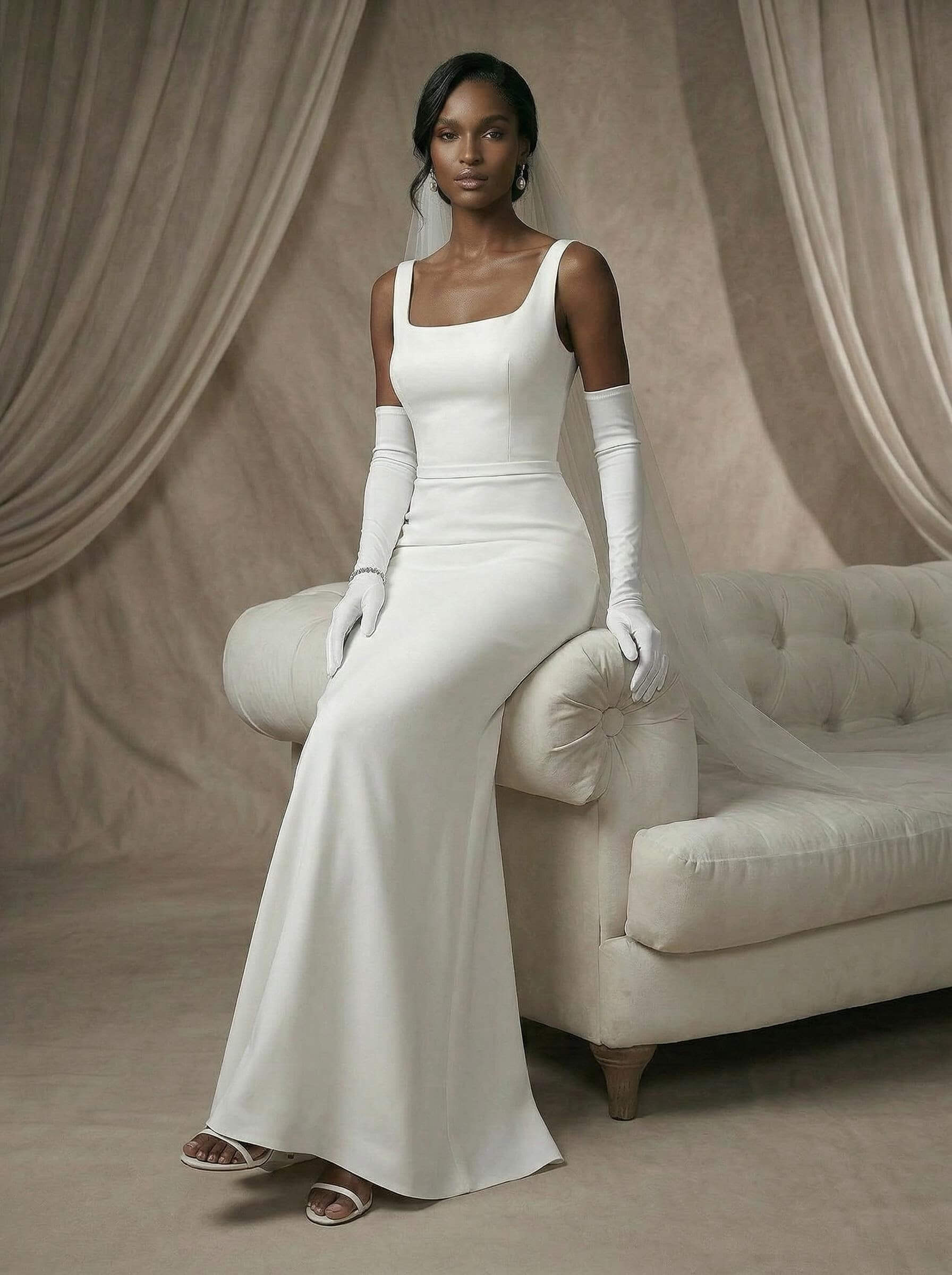 Simple Sheath/Column Square Neckline Elastic Satin Wedding Dresses With Floor-Length