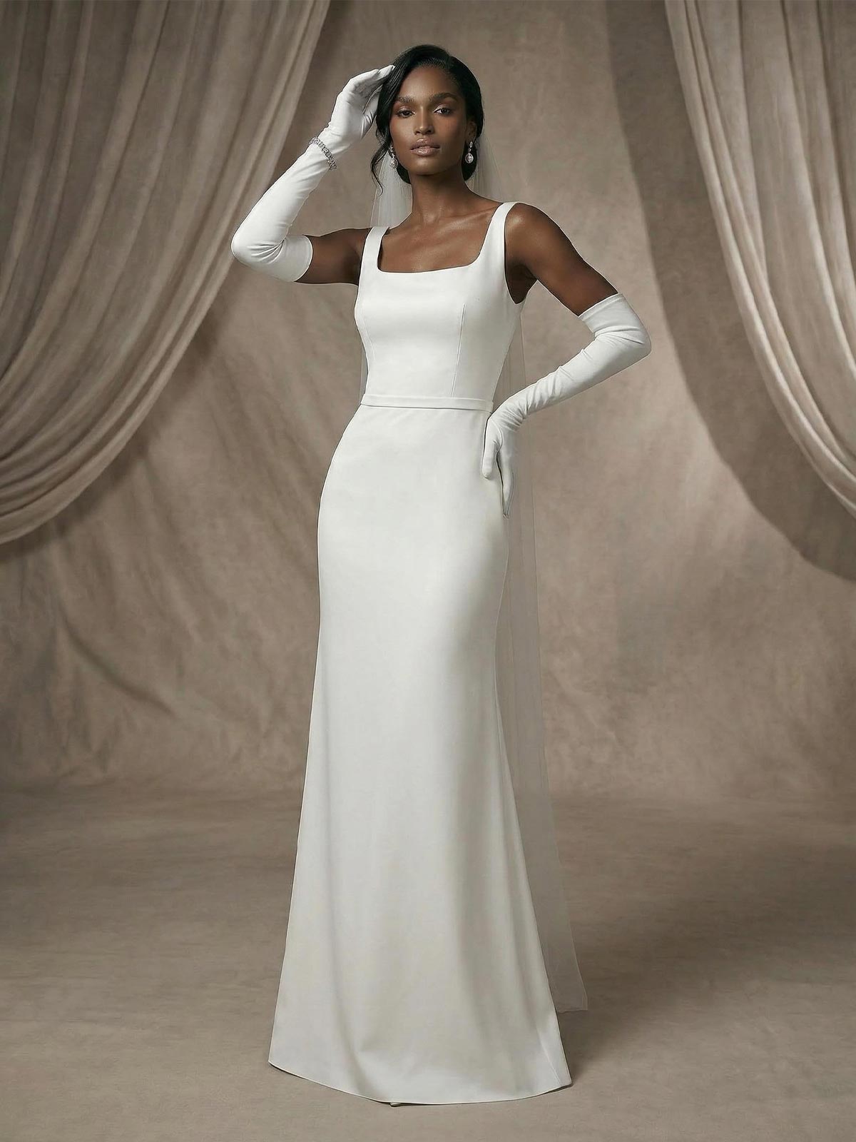 Simple Sheath/Column Square Neckline Elastic Satin Wedding Dresses With Floor-Length