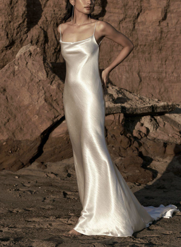 Simple Beach Open Back Silk Like Satin Wedding Dresses