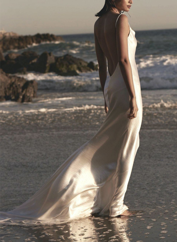 Simple Beach Open Back Silk Like Satin Wedding Dresses