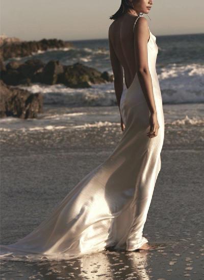 Simple Beach Open Back Silk Like Satin Wedding Dresses