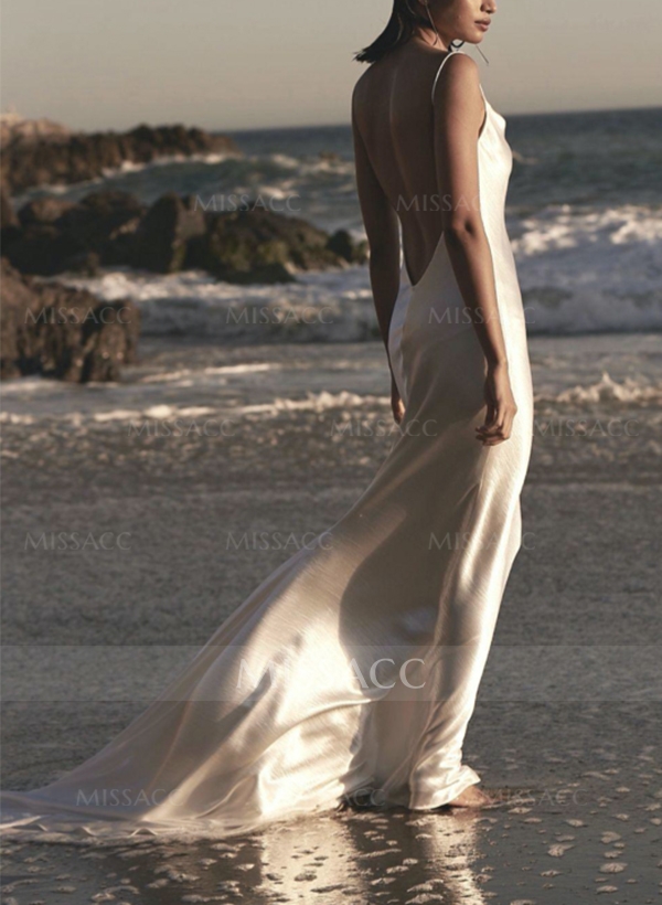 Simple Beach Open Back Silk Like Satin Wedding Dresses