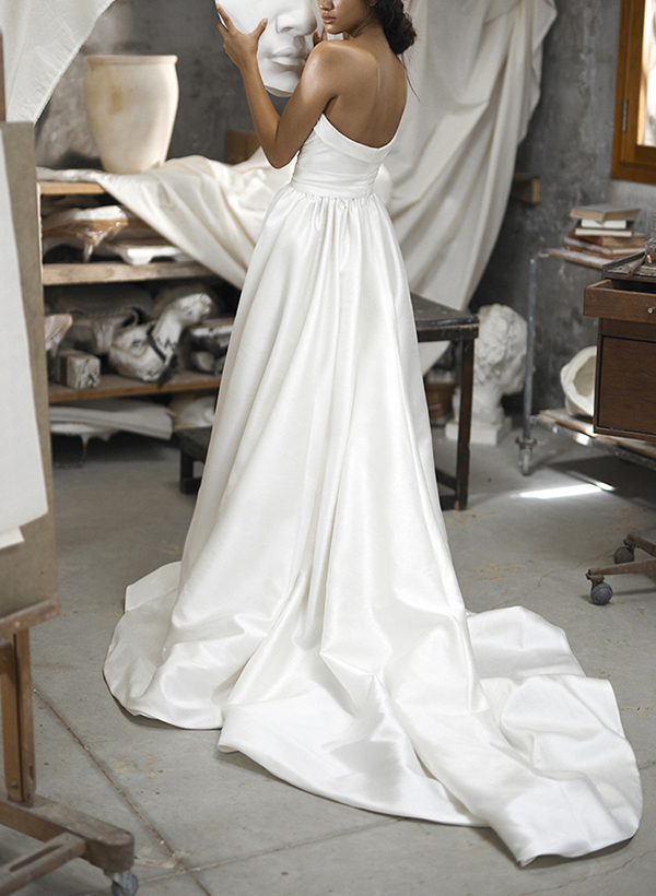 A-Line Strapless Sweep Train Satin Wedding Dresses With Split Front