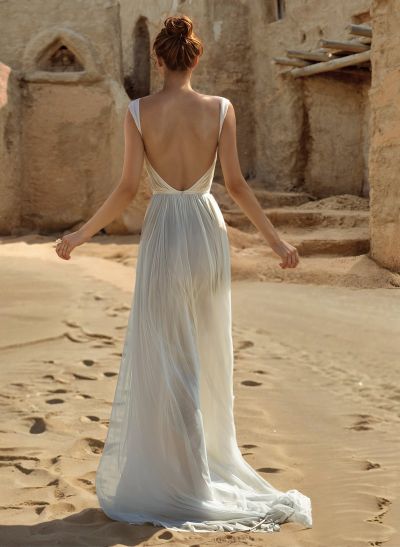 A-Line V-Neck Backless Pleated Tulle Wedding Dresses With Split Front