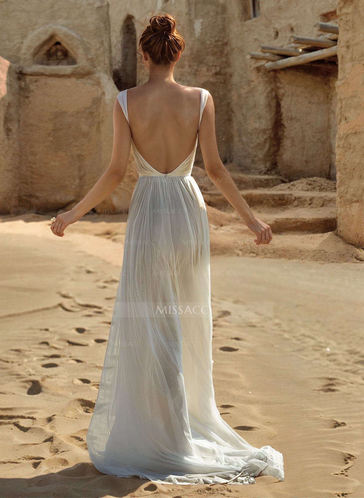 A-Line V-Neck Backless Pleated Tulle Wedding Dresses With Split Front