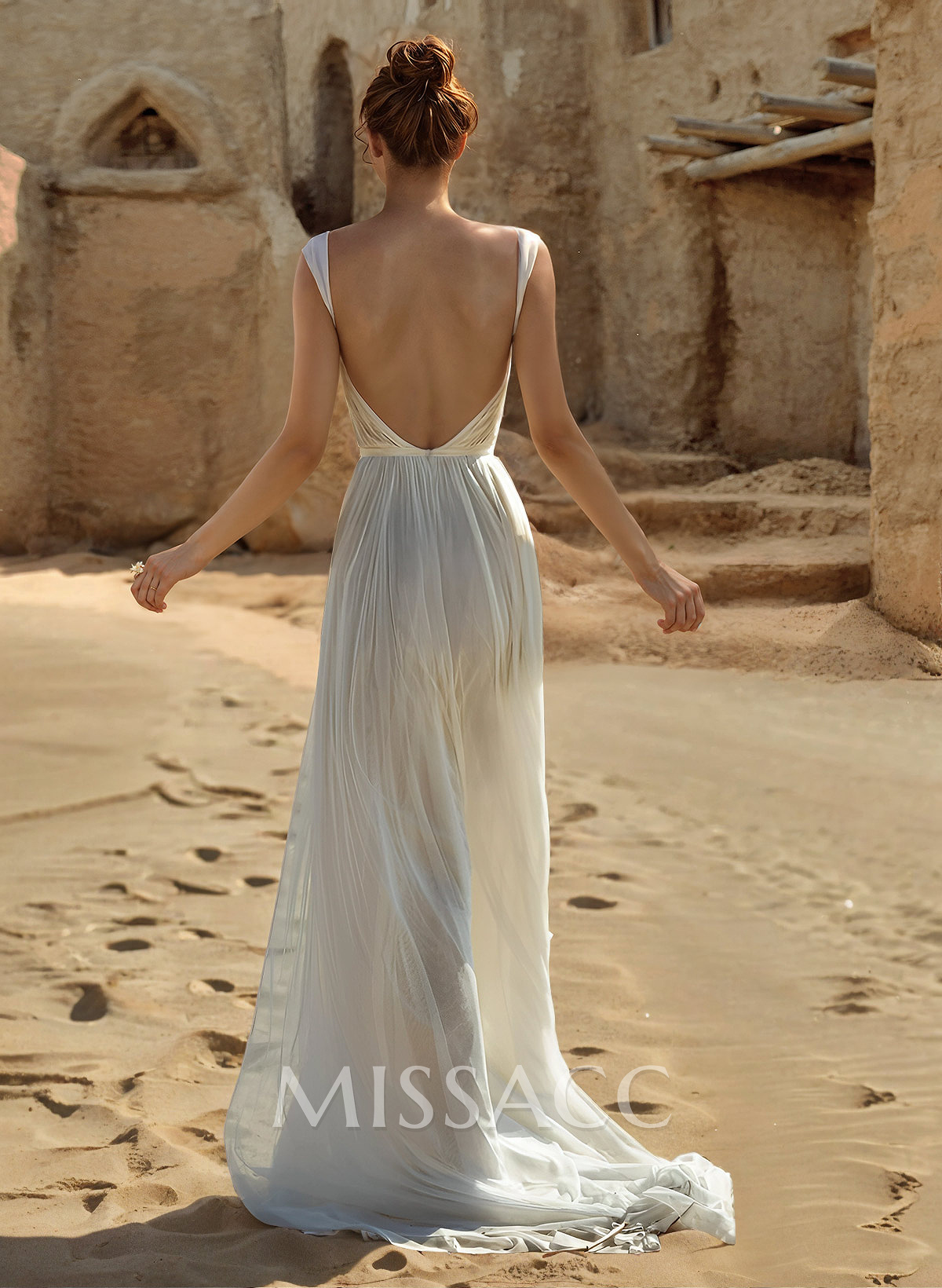 Elopement Twisted Knot Outcut Backless Pleated Tulle Wedding Dresses With Split Front Elopement Twisted Knot Outcut Backless Pleated Tulle Wedding Dresses With Split Front