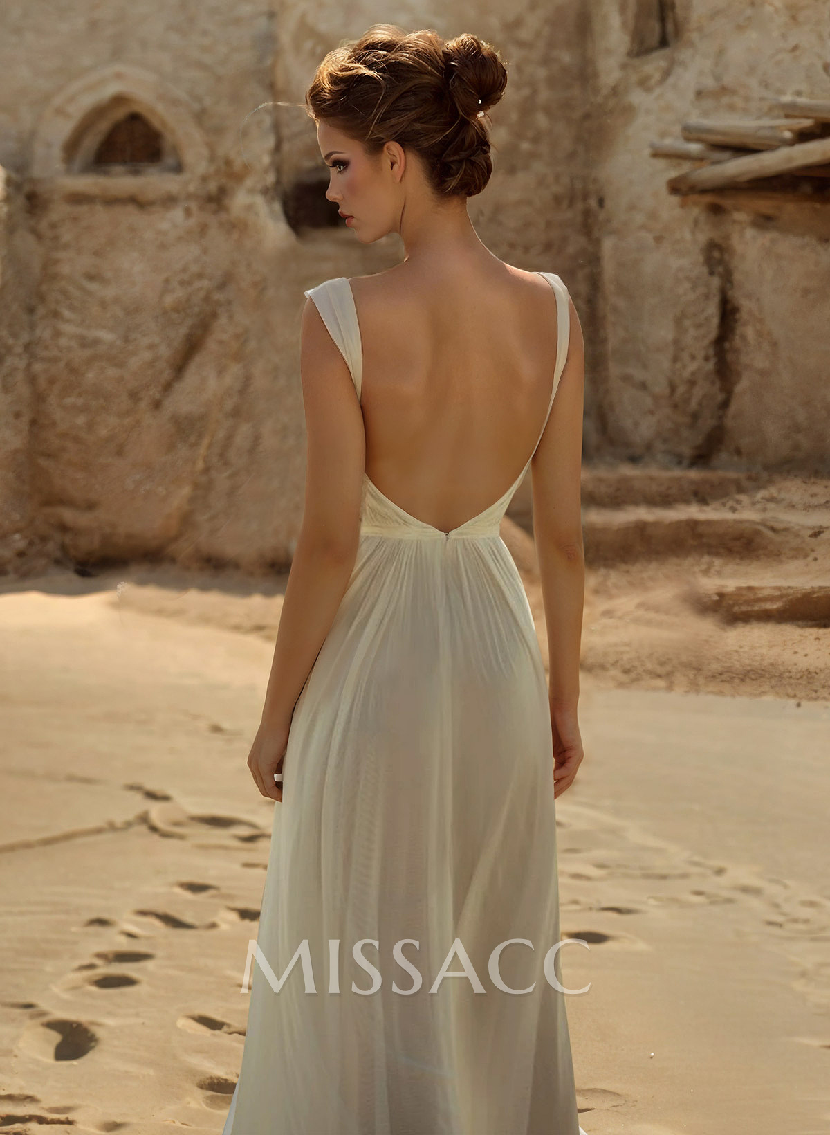 Elopement Twisted Knot Outcut Backless Pleated Tulle Wedding Dresses With Split Front Elopement Twisted Knot Outcut Backless Pleated Tulle Wedding Dresses With Split Front