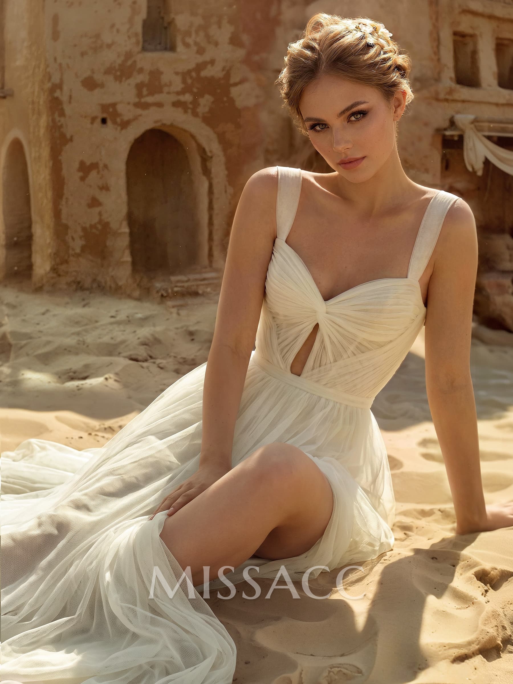 A-Line Sweetheart Sleeveless Sweep Train Chiffon/Tulle Wedding Dresses With Split Front