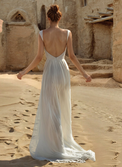 A-Line Sweetheart Sleeveless Sweep Train Chiffon/Tulle Wedding Dresses With Split Front