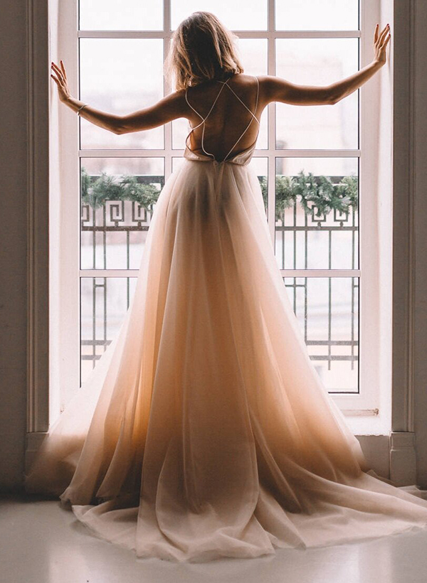 Open Back Romantic Tulle A-Line Wedding Dresses
