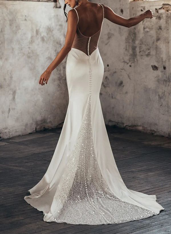 Sparkly Trumpet/Mermaid Open Back Wedding Dresses With Spaghetti Straps