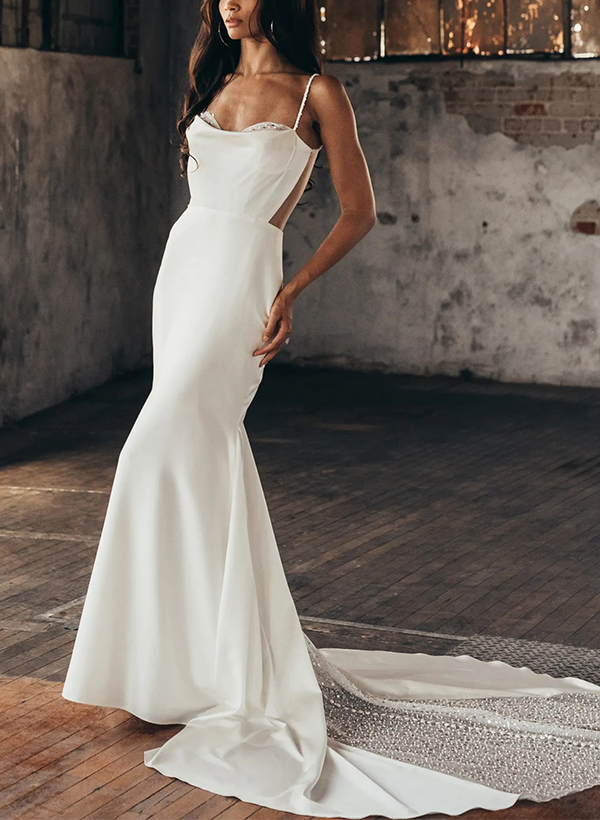 Sparkly Trumpet/Mermaid Open Back Wedding Dresses With Spaghetti Straps