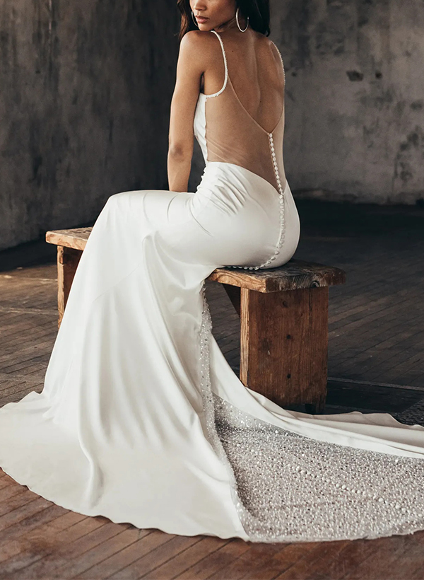 Sparkly Trumpet/Mermaid Open Back Wedding Dresses With Spaghetti Straps