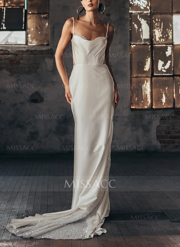 Sparkly Trumpet/Mermaid Open Back Wedding Dresses With Spaghetti Straps