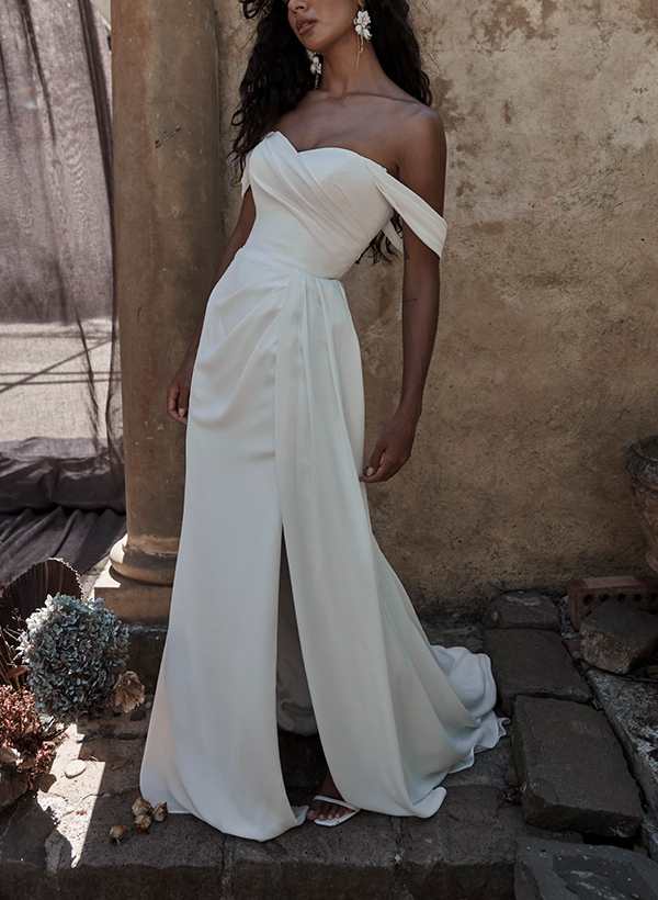 A-Line Off-The-Shoulder Sleeveless Satin Wedding Dresses With Split Front