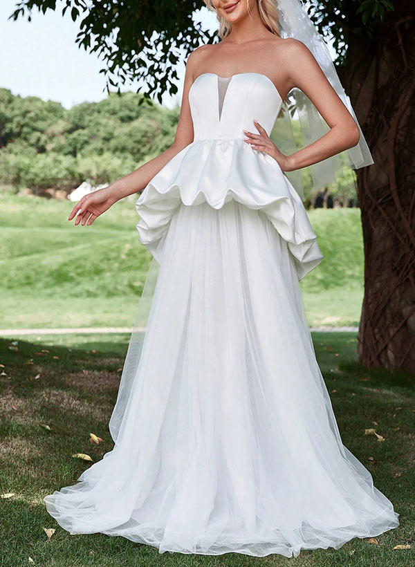 A-Line Strapless Sleeveless Sweep Train Satin/Tulle Wedding Dresses With Cascading Ruffles
