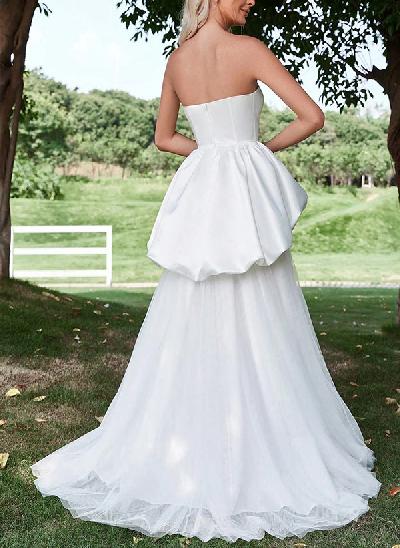 A-Line Strapless Sleeveless Sweep Train Satin/Tulle Wedding Dresses With Cascading Ruffles