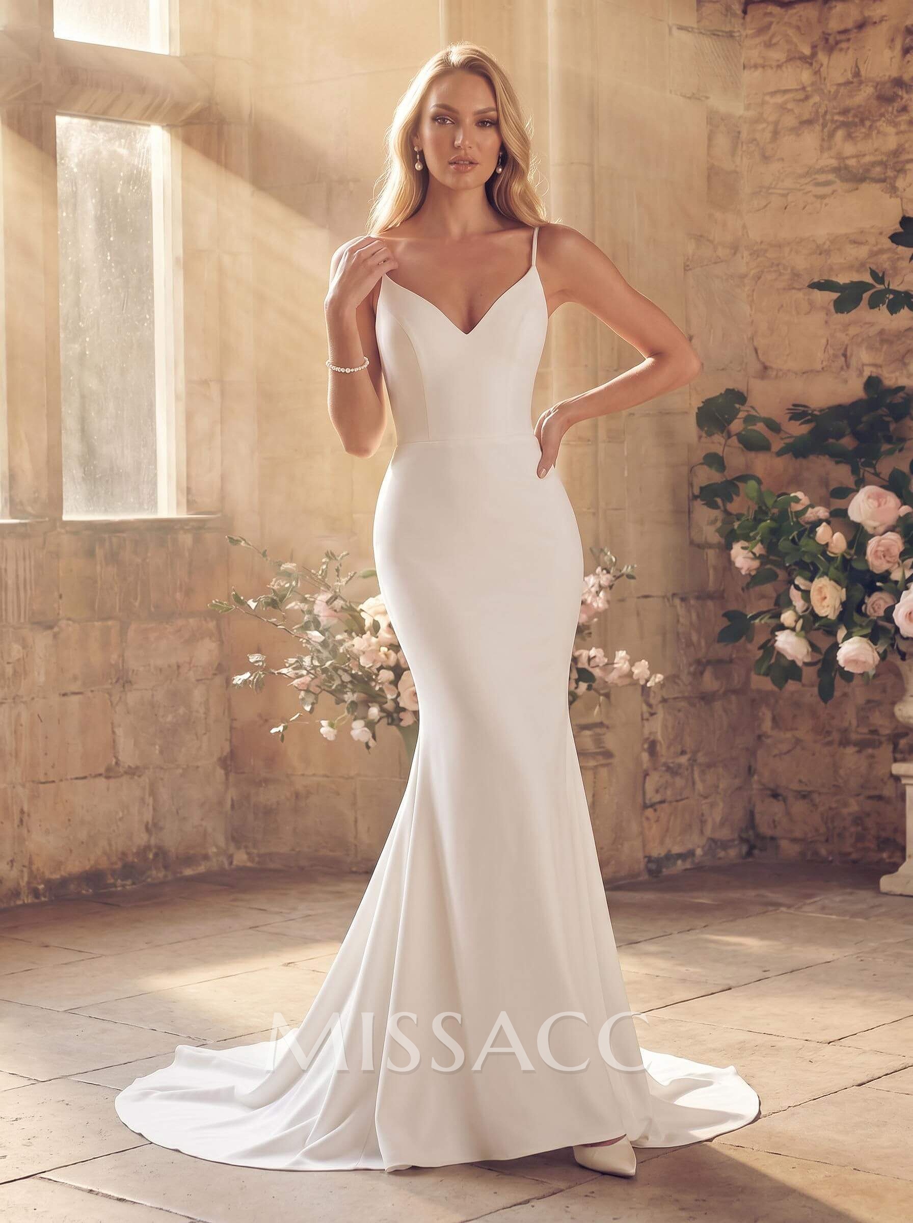 Simple Trumpet/Mermaid Open Back Wedding Dresses With Elastic Satin