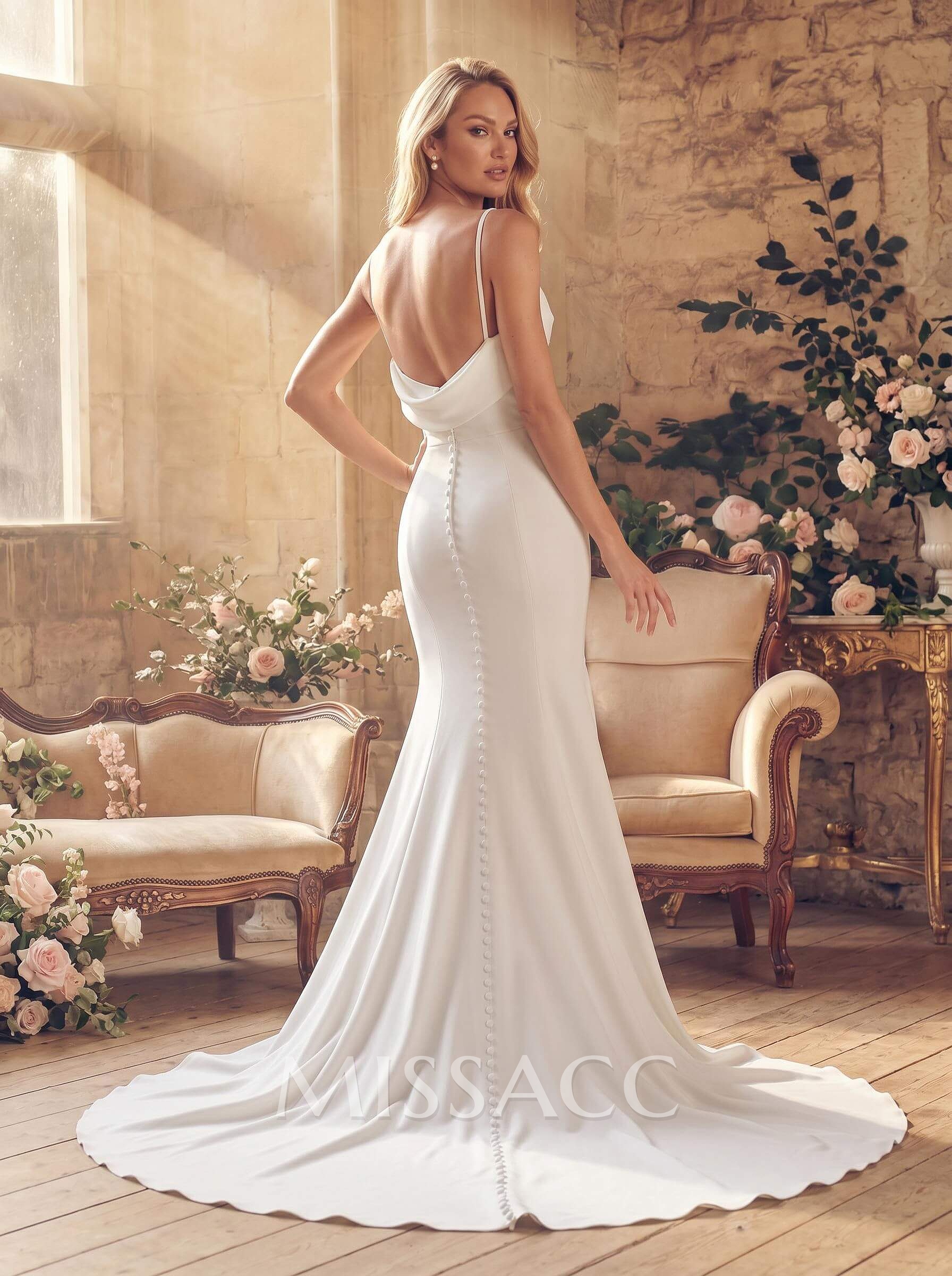Simple Trumpet/Mermaid Open Back Wedding Dresses With Elastic Satin