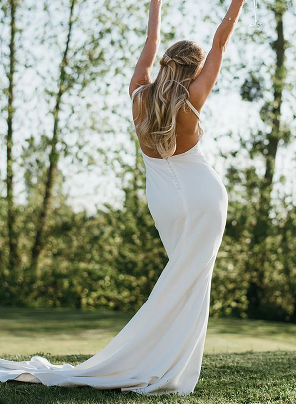 Open Back Sheath/Column V-Neck Sleeveless Elastic Satin Wedding Dresses