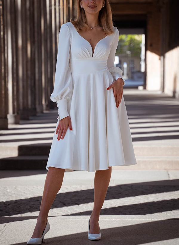 A-Line V-Neck Long Sleeves Little White Elastic Satin Wedding Dresses
