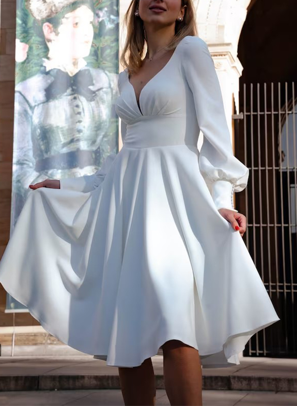 A-Line V-Neck Long Sleeves Little White Elastic Satin Wedding Dresses