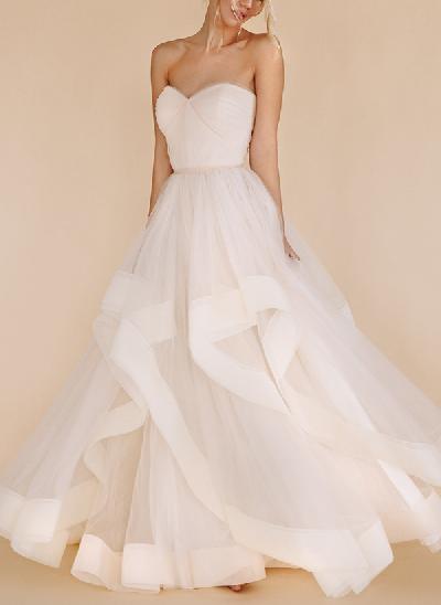A-Line Sweetheart Sleeveless Tulle Wedding Dresses With Cascading Ruffles
