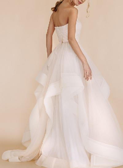 A-Line Sweetheart Sleeveless Tulle Wedding Dresses With Cascading Ruffles