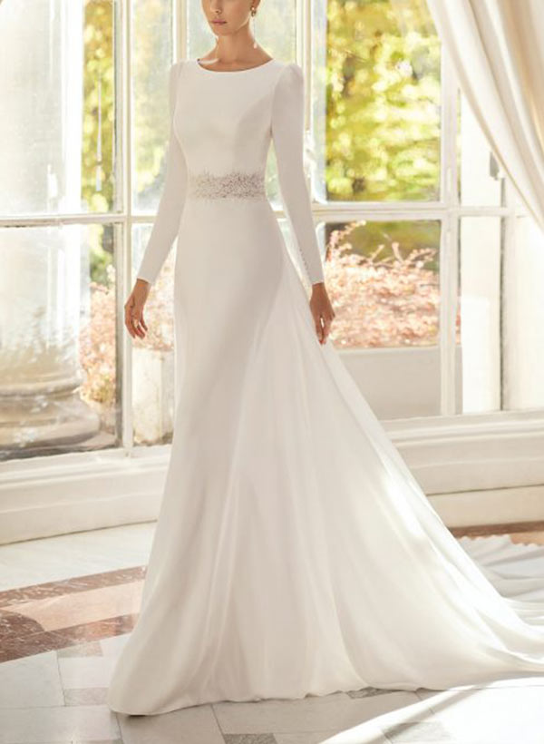 A-Line Scoop Neck Long Sleeves Court Train Elastic Satin Wedding Dresses With Lace