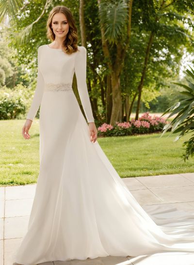 A-Line Scoop Neck Long Sleeves Court Train Elastic Satin Wedding Dresses With Lace