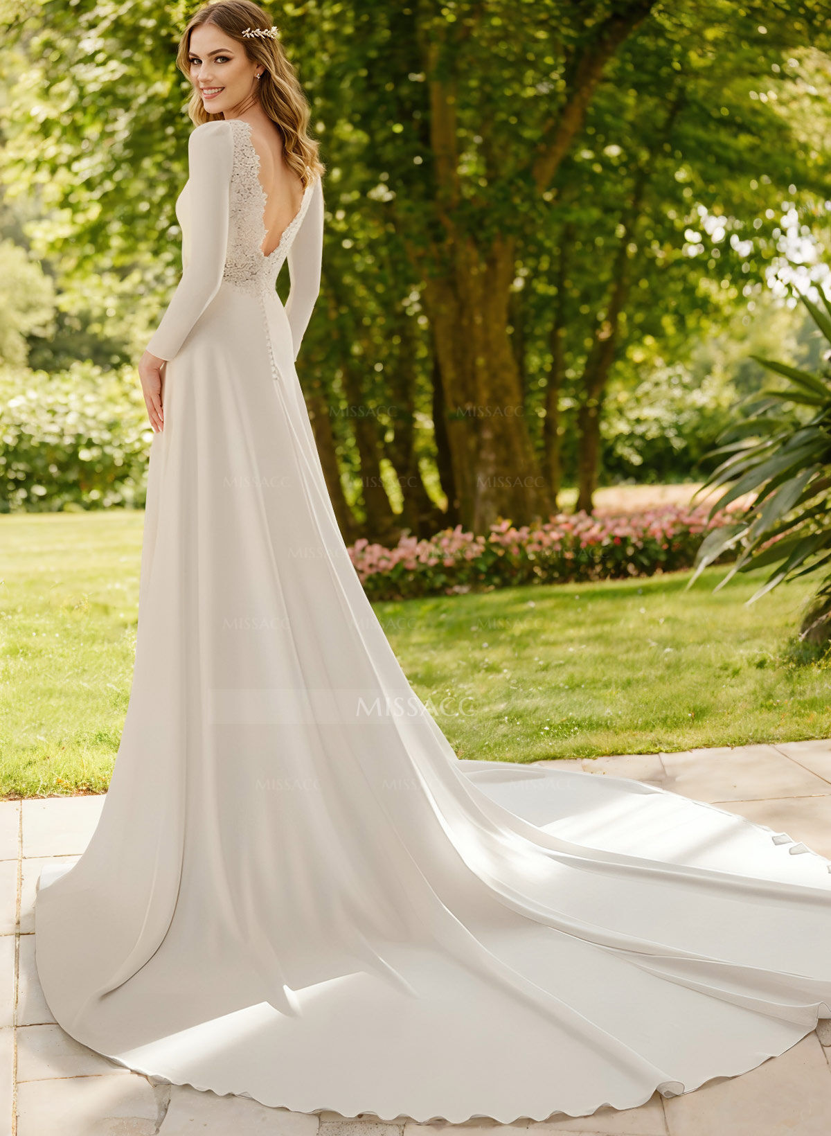 A-Line Scoop Neck Long Sleeves Court Train Elastic Satin Wedding Dresses With Lace