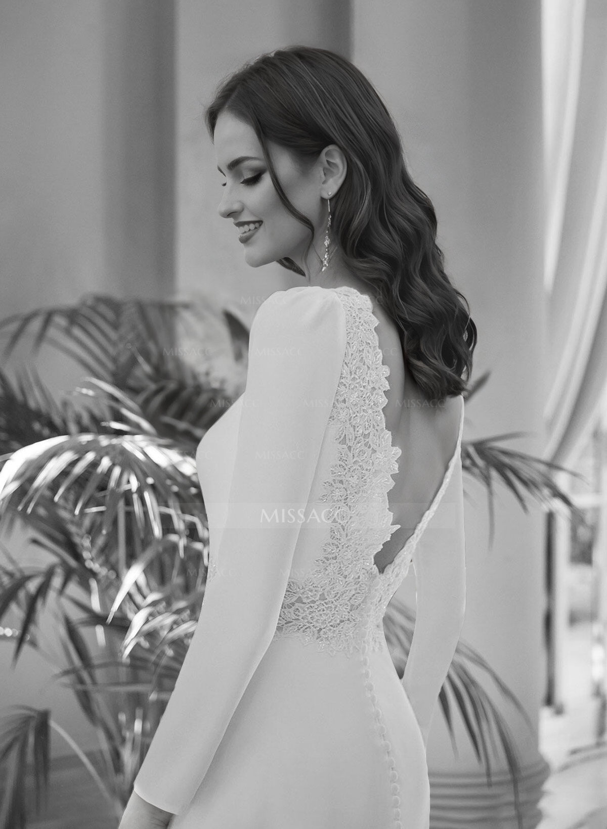 A-Line Scoop Neck Long Sleeves Court Train Elastic Satin Wedding Dresses With Lace