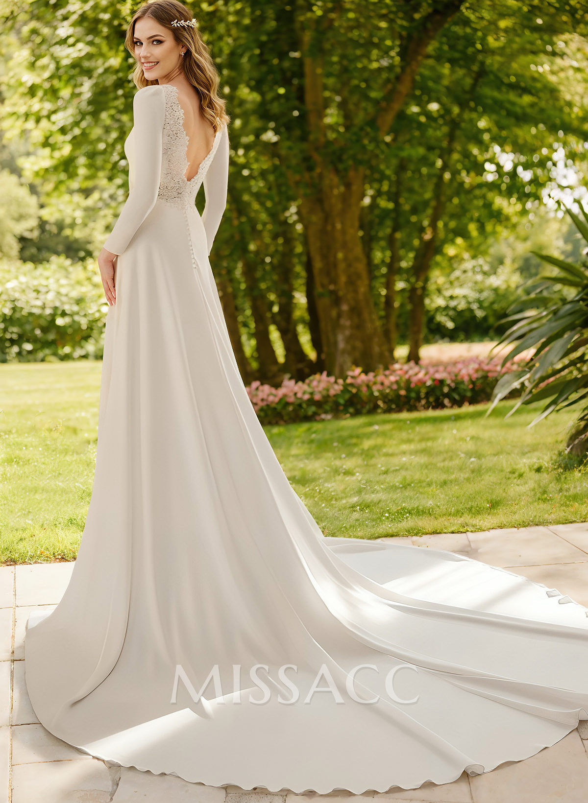 A-Line Scoop Neck Long Sleeves Court Train Elastic Satin Wedding Dresses With Lace