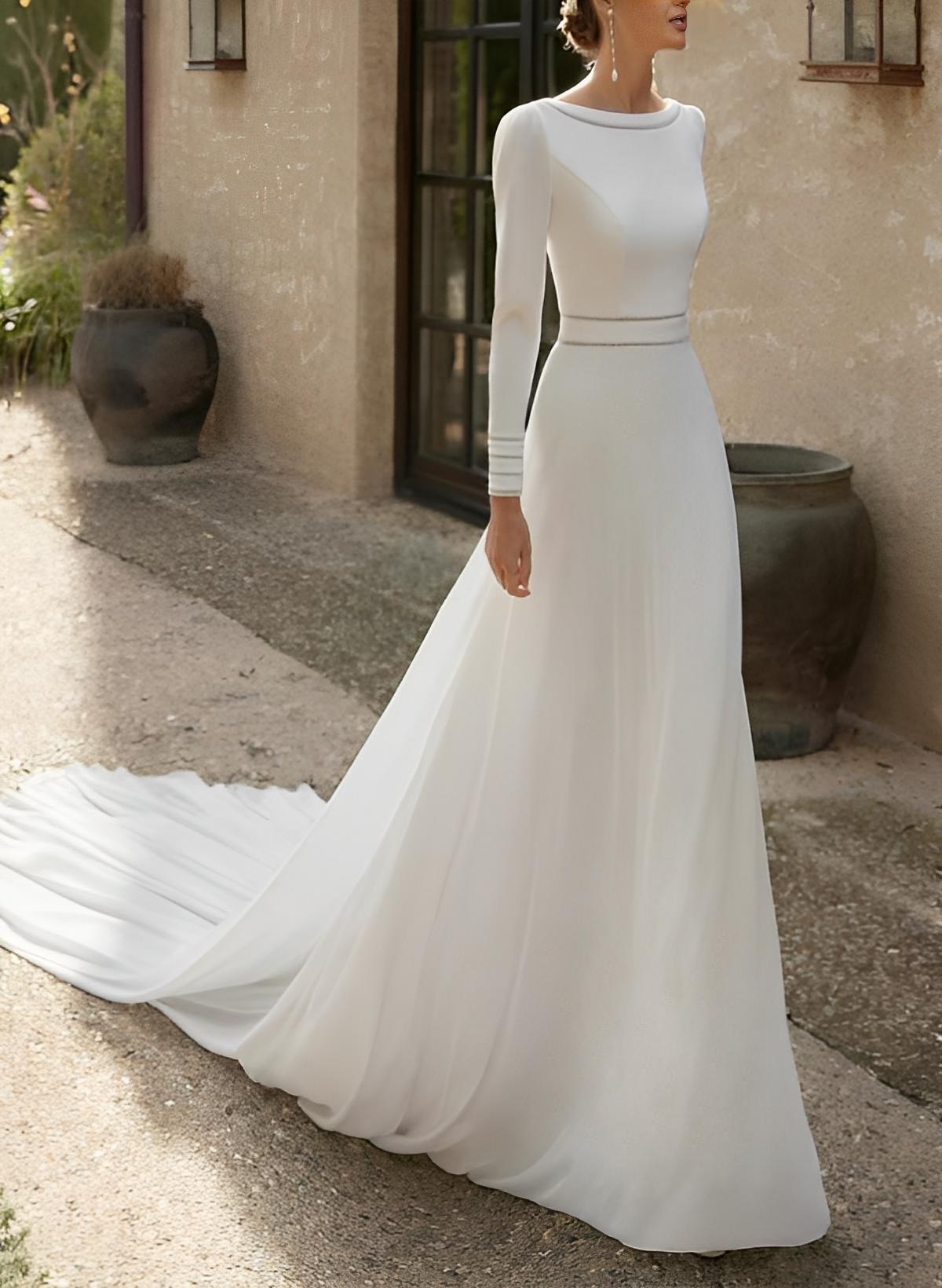 A-Line Scoop Neck Long Sleeves Court Train Wedding Dresses