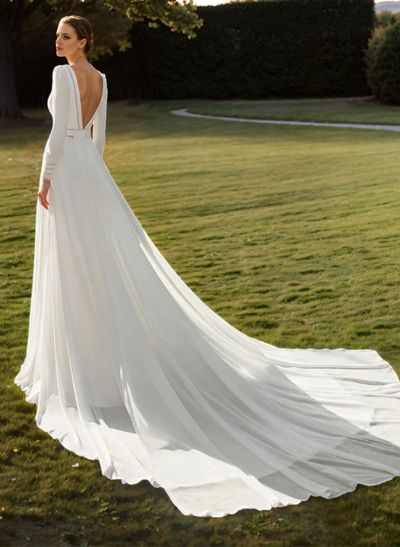 A-Line Scoop Neck Long Sleeves Court Train Wedding Dresses