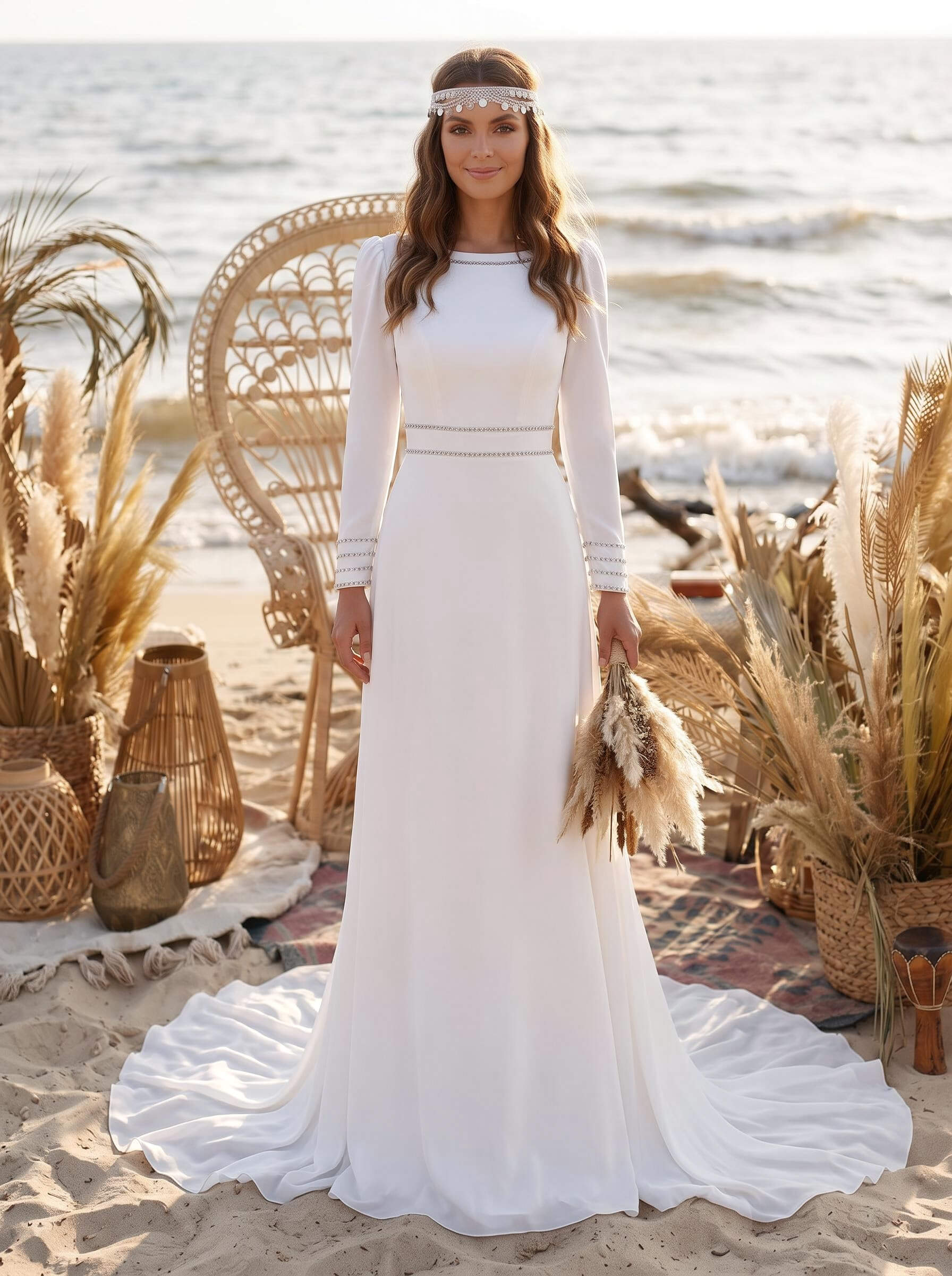 A-Line Scoop Neck Long Sleeves Court Train Wedding Dresses A-Line Scoop Neck Long Sleeves Court Train Wedding Dresses