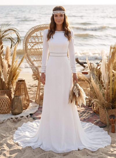 A-Line Scoop Neck Long Sleeves Court Train Wedding Dresses