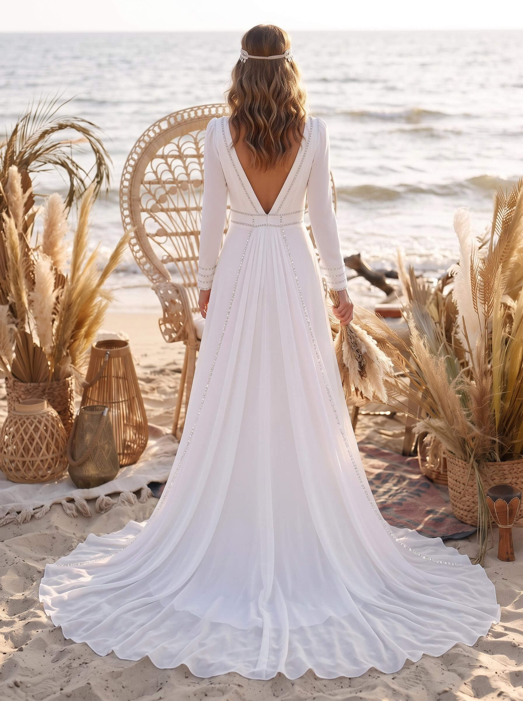A-Line Scoop Neck Long Sleeves Court Train Wedding Dresses A-Line Scoop Neck Long Sleeves Court Train Wedding Dresses