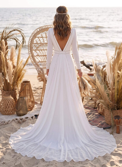 A-Line Scoop Neck Long Sleeves Court Train Wedding Dresses