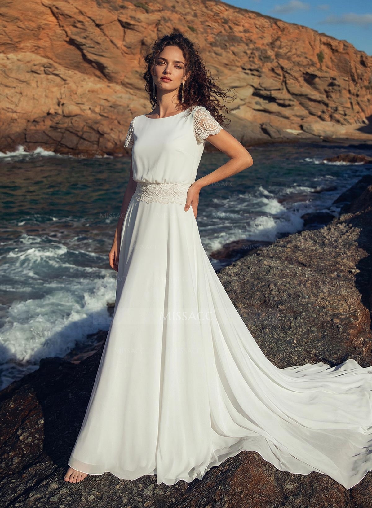A-Line Scoop Neck Short Sleeves Court Train Chiffon Wedding Dresses