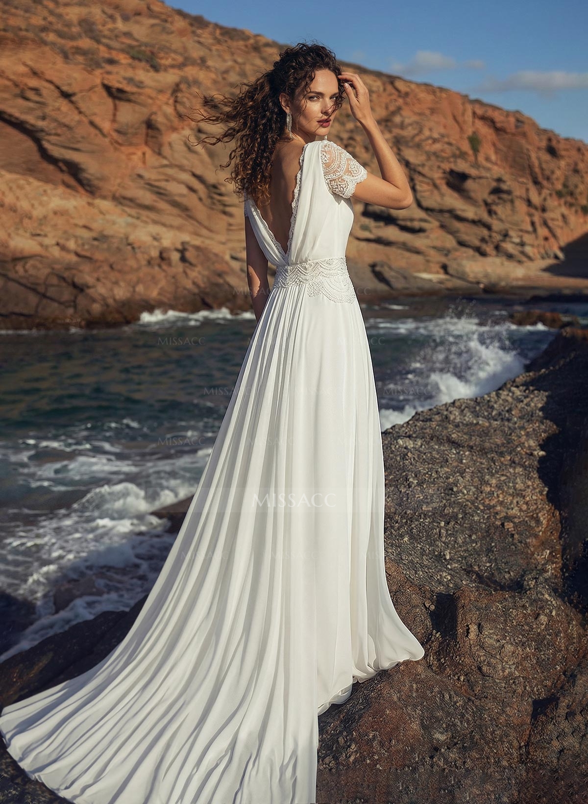 A-Line Scoop Neck Short Sleeves Court Train Chiffon Wedding Dresses