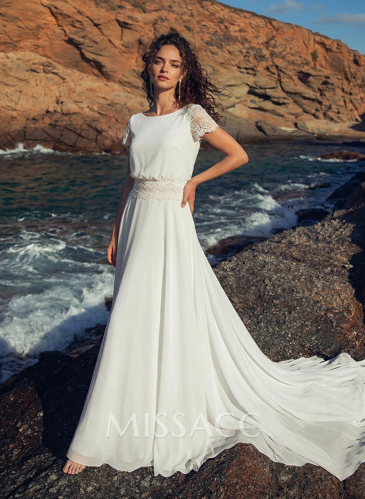 A-Line Scoop Neck Short Sleeves Court Train Chiffon Wedding Dresses