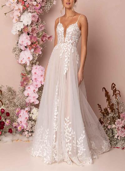 A-Line V-Neck Sleeveless Floor-Length Lace Wedding Dresses